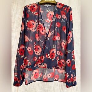 Wayf Gray and Red Floral Sheer Blouse